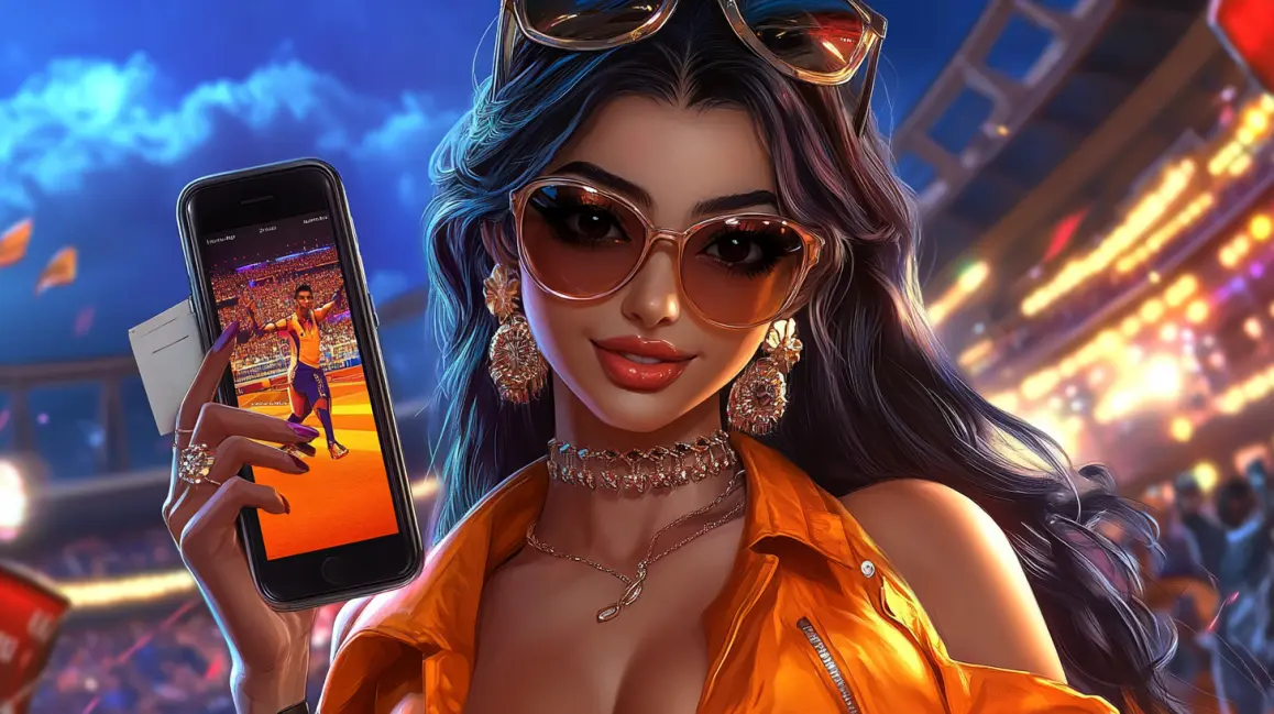 A woman with cat ears and a cheerful smile holds her phone, ready to place a bet on a sports match in a packed stadium with the easy-to-use 4444BET mobile app.