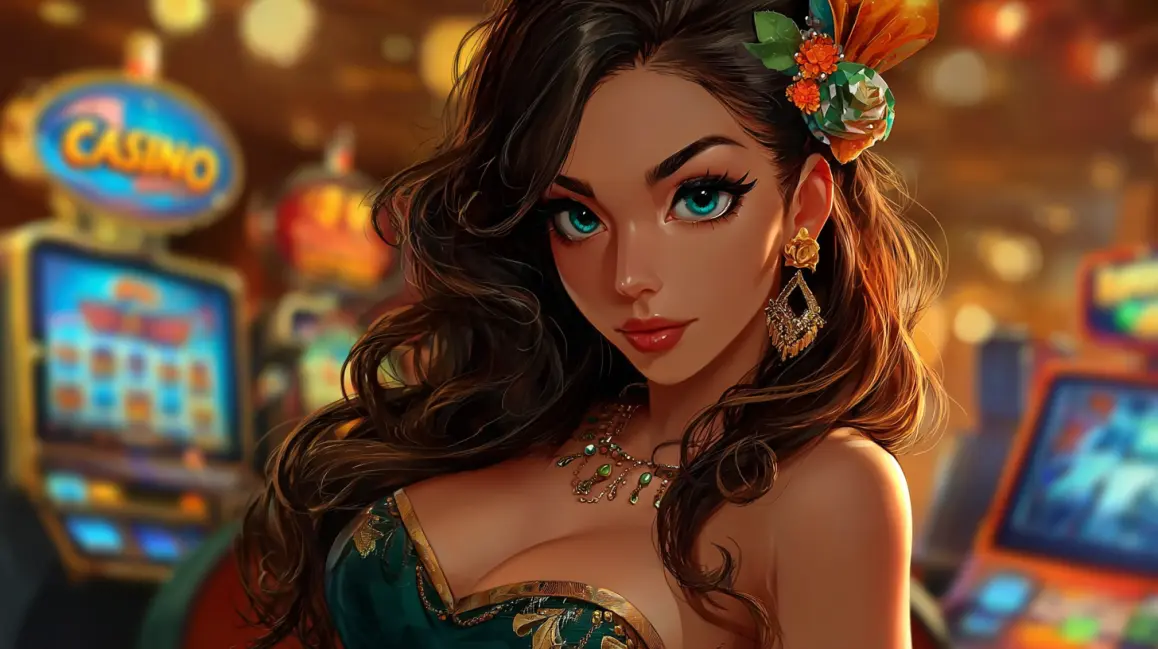 A beautiful woman with glowing hair is surrounded by a shower of gold coins in the vibrant 4444BET casino, where magical wins and exciting jackpots are always possible.