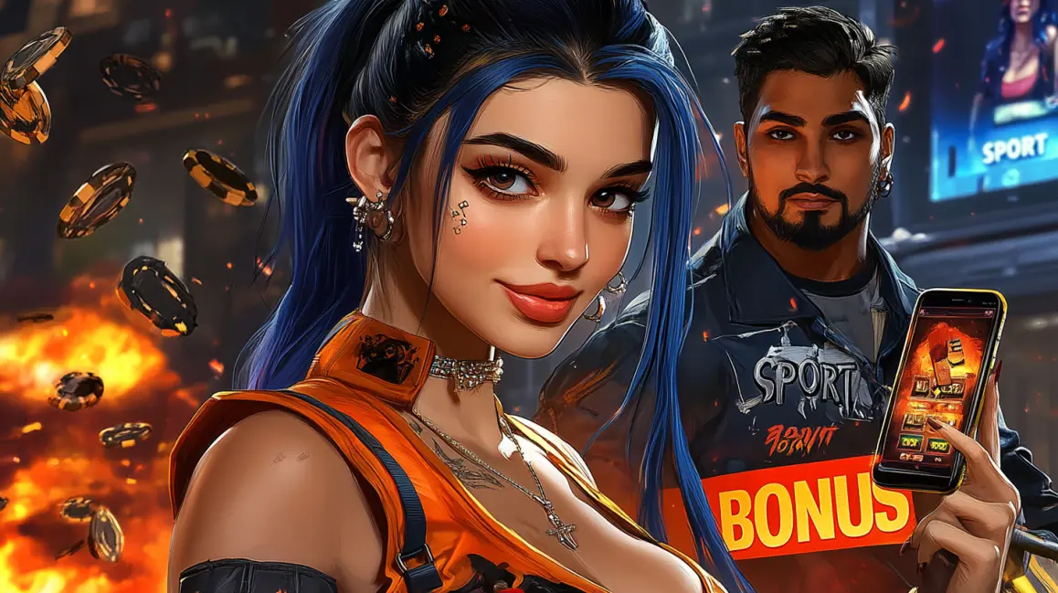 A happy couple in sunglasses celebrates winning with casino chips, with a 'BONUS' sign, showing the fun and social rewards you can get when you play together on 4444BET.