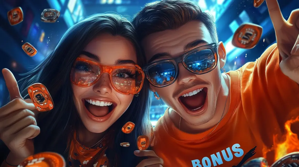 An excited couple with sunglasses celebrates a big win at the casino, surrounded by floating chips, capturing the social fun and excitement of playing at 4444BET.