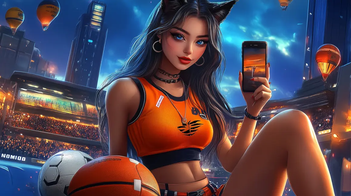 A stylish woman with cat ears and a modern city backdrop uses her phone to bet on sports, representing the futuristic and convenient way to play with 4444BET.