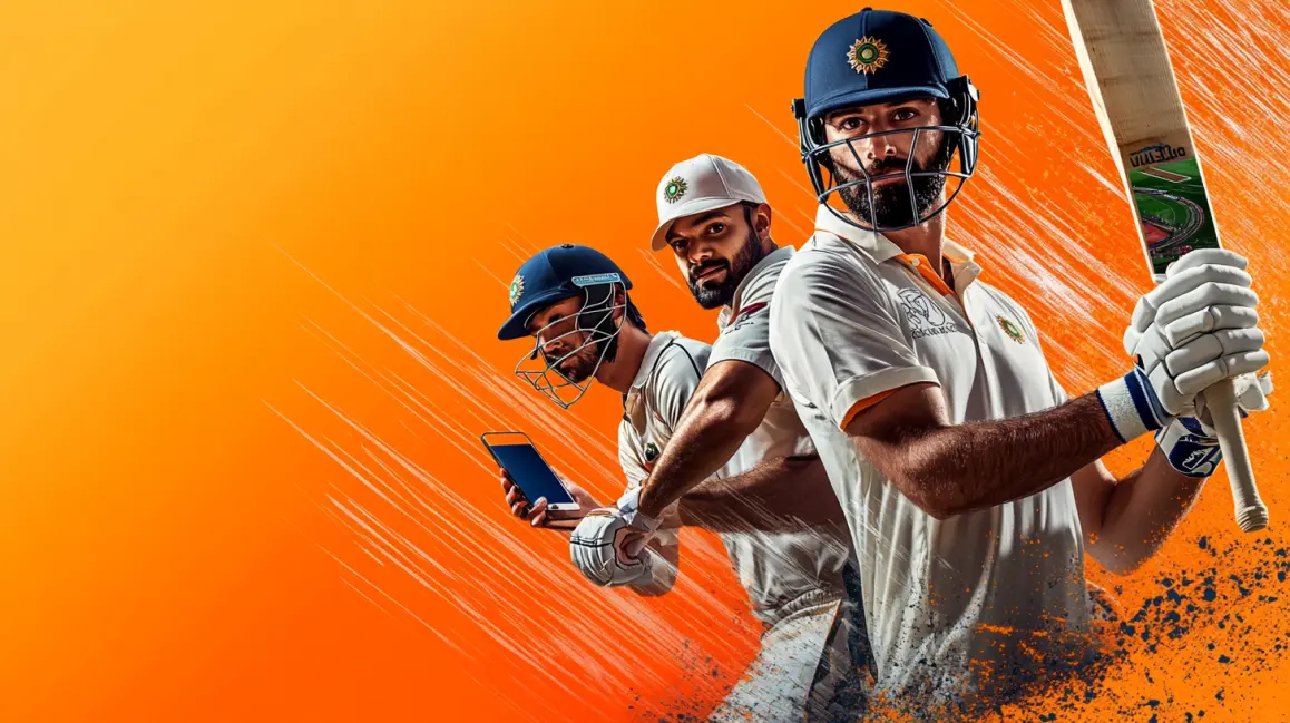 A professional cricket player in an orange uniform shows his phone, inviting you to join the action and bet on your favorite cricket matches with the 4444BET app.