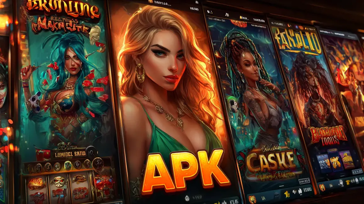 A lineup of beautiful women is featured on the reels of different slot games, with an 'APK' logo, inviting you to download the 4444BET app for a world of entertainment.