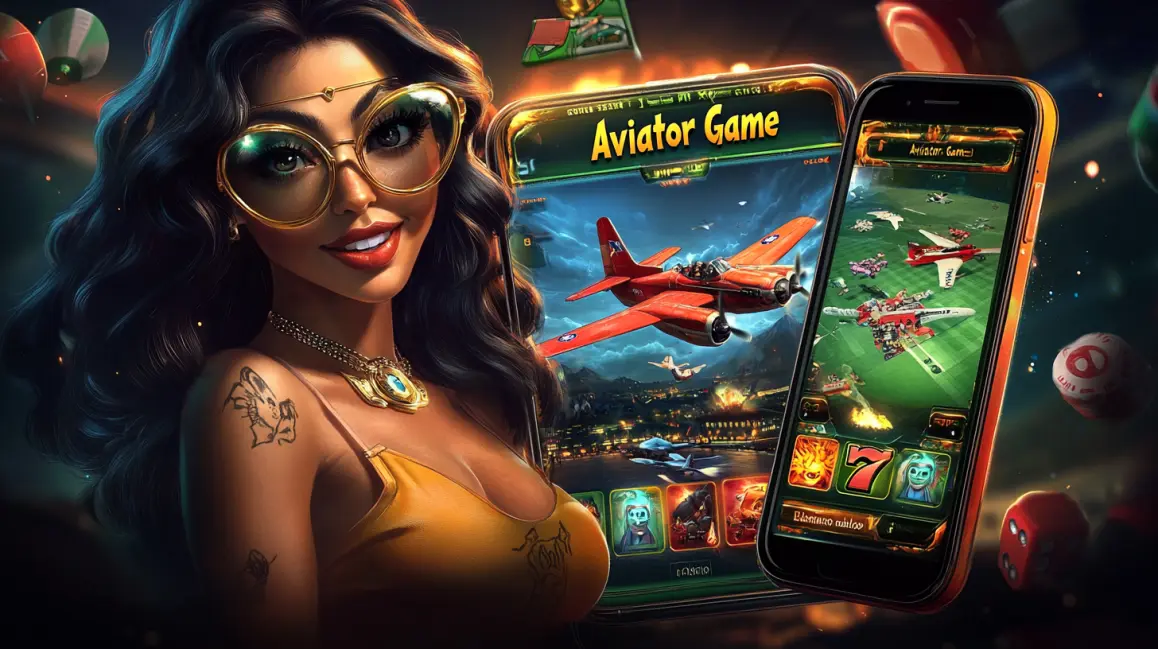 A stylish woman holds up a tablet showing the 'Aviator Game', with a phone also displaying the app, highlighting the thrilling cross-platform experience at 4444BET.