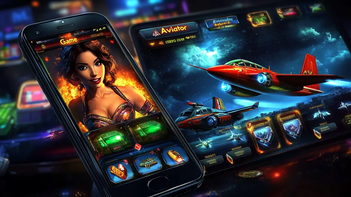 A phone and tablet display the 'Aviator' crash game with a sleek red plane, showcasing the high-tech, futuristic, and engaging experience you get when you play at 4444BET.