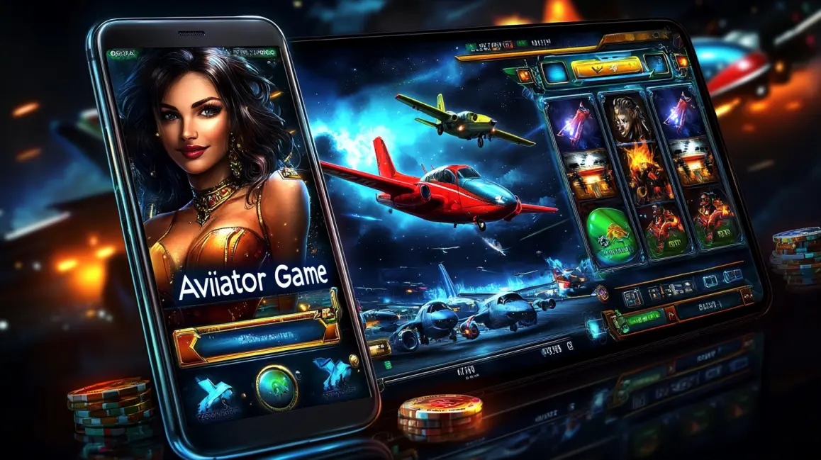 A woman is featured on a phone screen for the 'Aviator Game', with a tablet also showing the app, promising a high-quality, cross-platform experience for all players at 4444BET.
