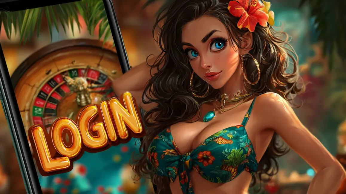 An animated woman in a tropical bikini relaxes on the beach, with a 'LOGIN' button and a roulette wheel nearby, inviting you to sign in to your 4444BET holiday of wins.