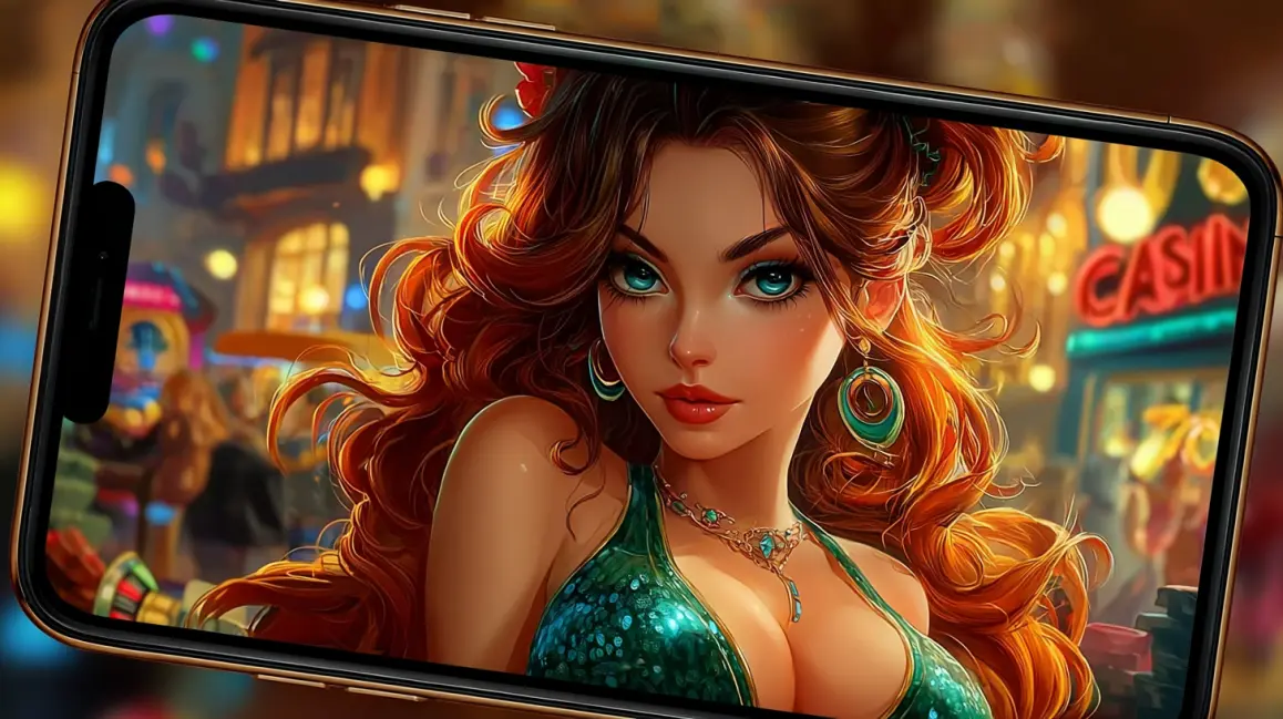 A beautiful woman with red hair is featured on a mobile screen, with a 'CASINO' sign in the background, inviting you to experience the vibrant world of online gaming with 4444BET.