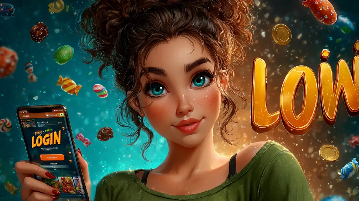 A cute animated girl holds a phone showing a candy-themed game, with a 'LOGIN' sign, inviting you to a world of sweet treats and delicious wins at 4444BET.