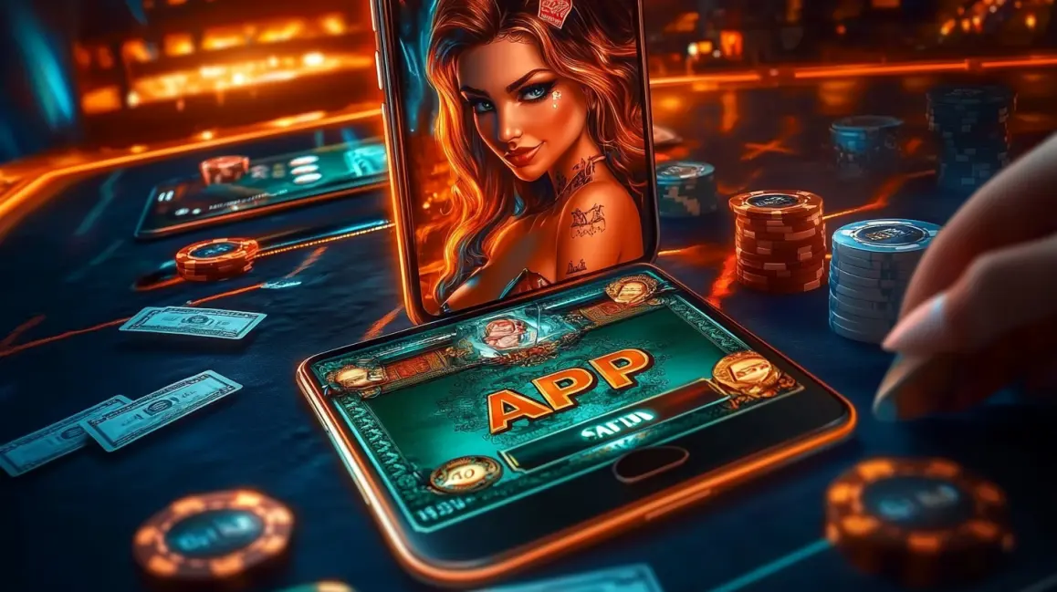 A person holds a phone showing a mobile card game app while sitting at a poker table, illustrating the seamless blend of digital and live gaming you get with 4444BET.
